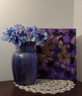 SOLD!!  The Purple Rose of Virgo, Handpainted Vase, 8x10 Acrylic Abstract, Purple, Silver, Wedgewood Blue. - image1